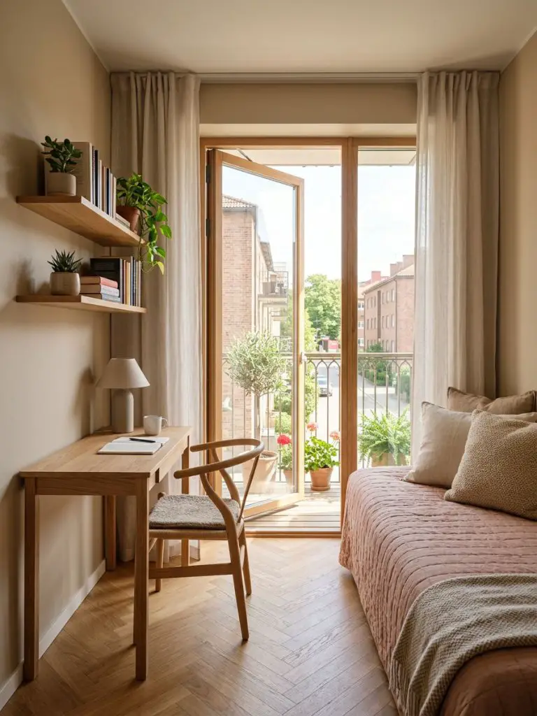 A compact small bedroom with balcony access that cleverly integrates a minimalist workspace beside the door.