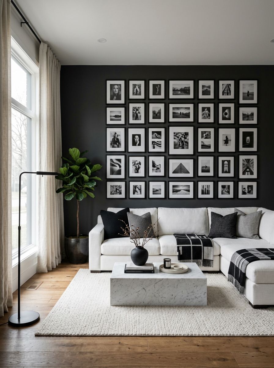 A cozy yet sophisticated black and white minimalist living room featuring a bold photo gallery wall.