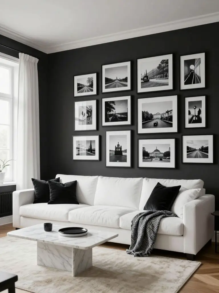 A cozy yet sophisticated black and white minimalist living room featuring a bold photo gallery wall.