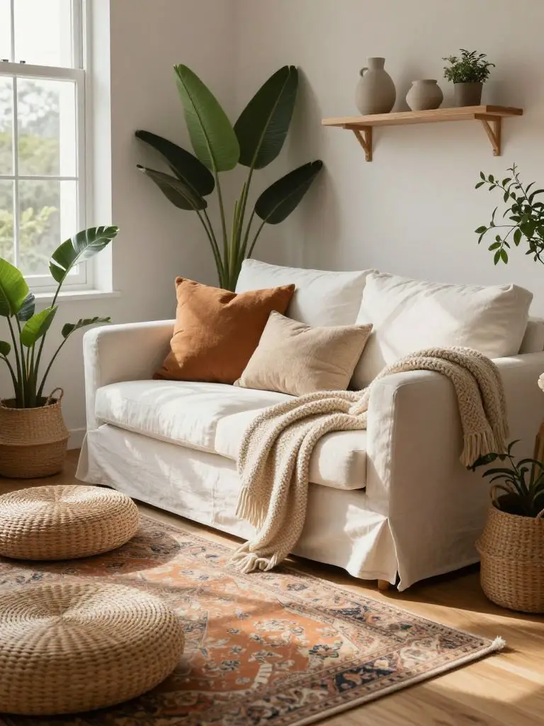 A cozy boho minimalist living room corner styled with soft textiles and natural greenery.