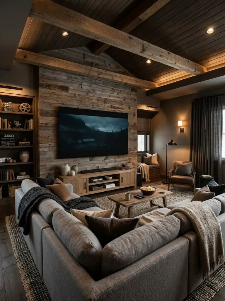 A cozy bonus room home theater lounge blending Modern Rustic and contemporary comfort, featuring a large sectional sofa in soft gray fabric.