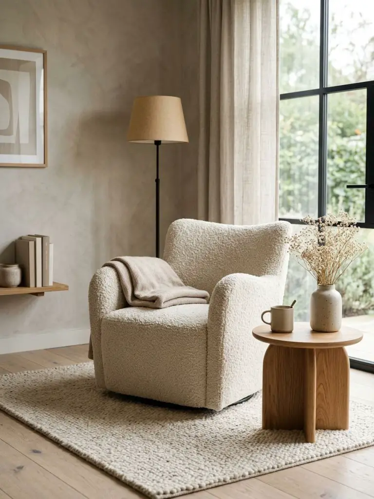 A warm minimalist living room corner styled with Scandinavian and modern rustic influences.