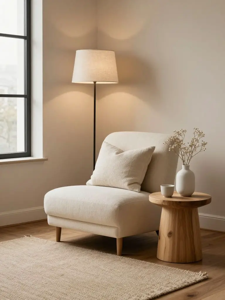 A cozy warm minimalist living room corner styled in a blend of Warm Minimalist and Scandinavian interior design.