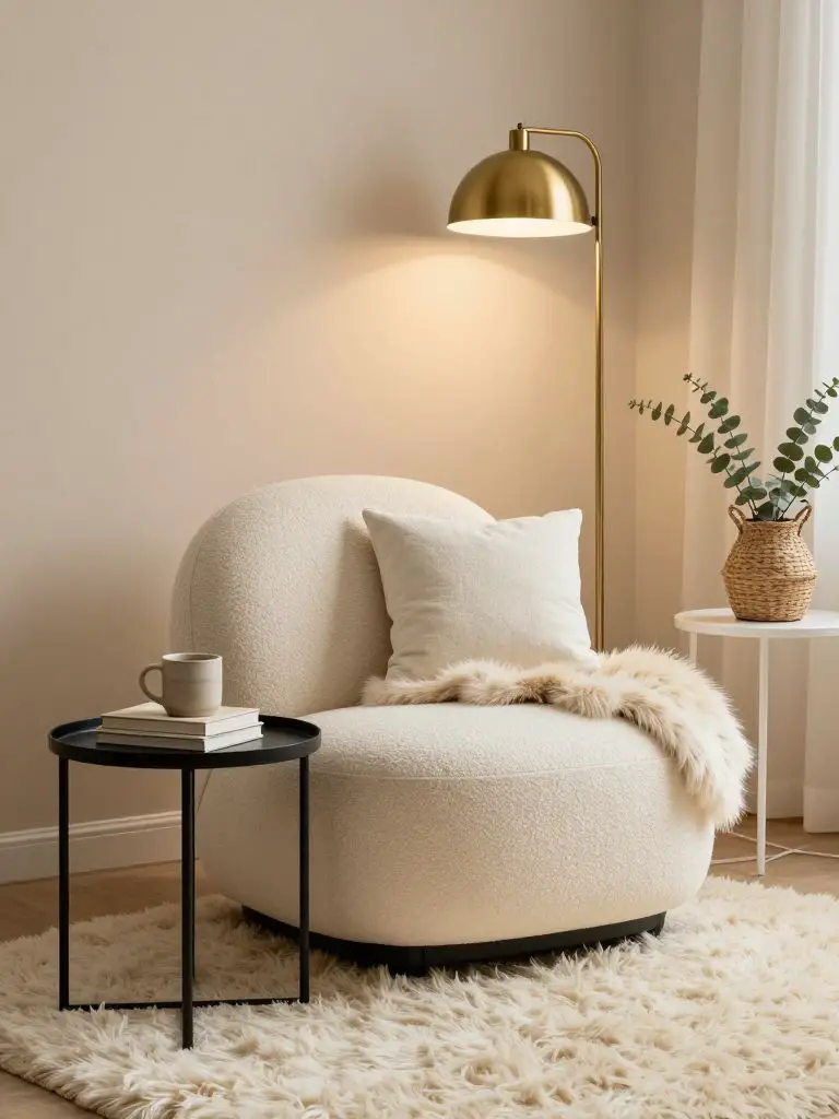 A warm minimalist reading corner styled with Scandinavian and Modern Rustic design elements.