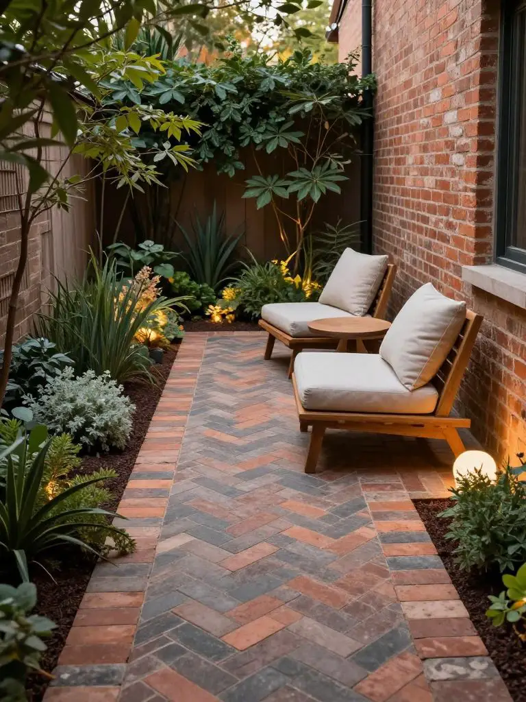 A narrow backyard patio designed in warm minimalist and modern rustic style, featuring a herringbone brick pathway as the hero element leadi.