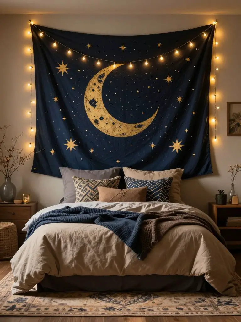 A cozy witchy bedroom designed with a celestial boho aesthetic, featuring a deep navy tapestry filled with golden stars and a crescent moon.