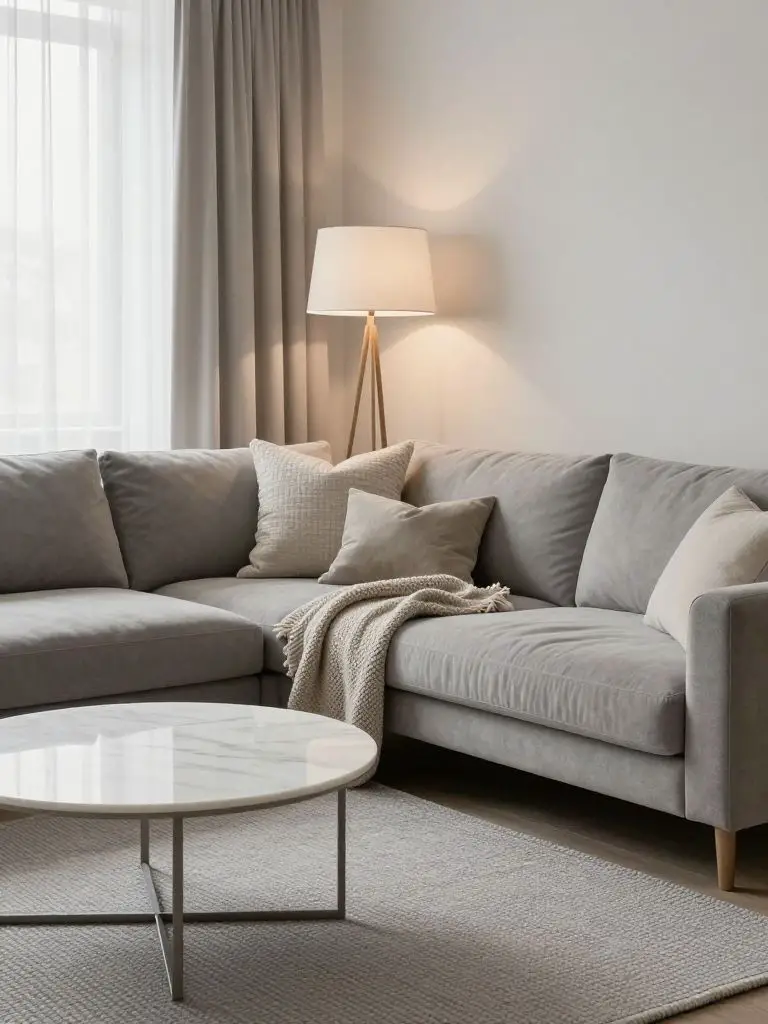 A cozy minimalist living room designed around a soft gray corner sectional sofa positioned near a bright window.