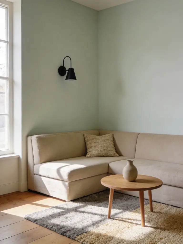 A cozy corner seating idea designed specifically for a small minimalist apartment living room layout.