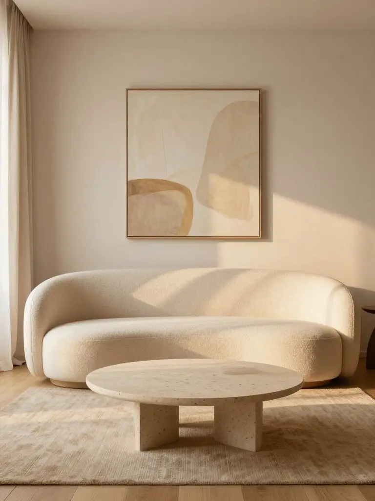 A cozy warm minimalist living room centered around soft textures and neutral tones.