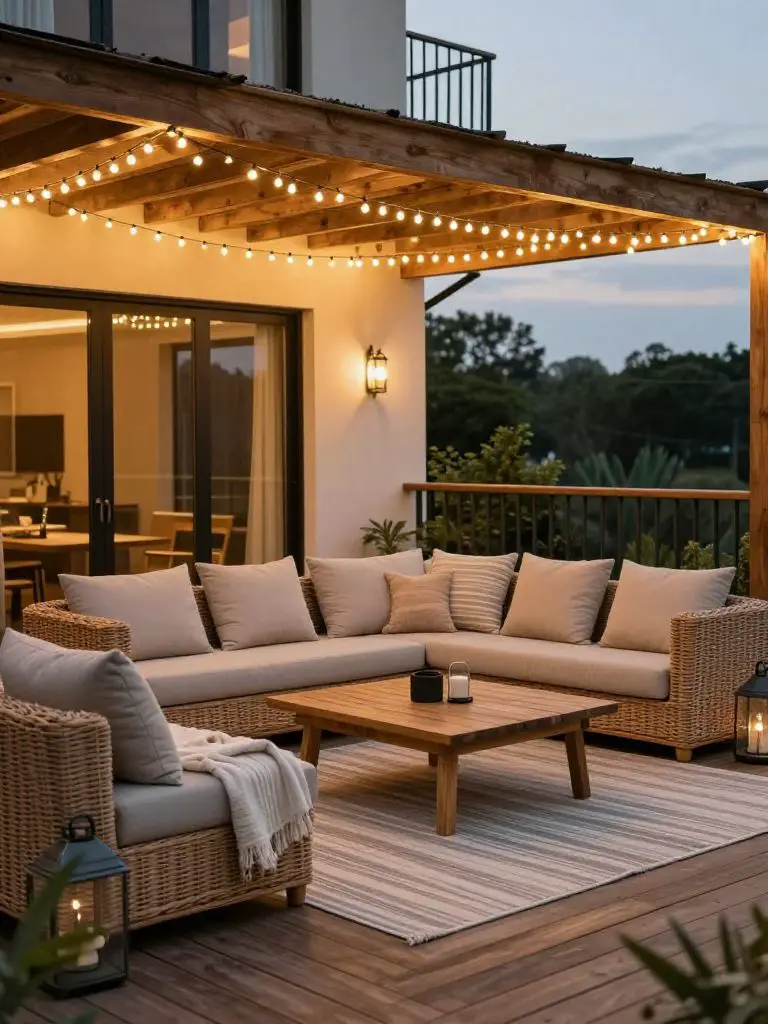 A cozy wooden deck patio in modern rustic style featuring woven seating with plush neutral cushions arranged around a central wood coffee ta.