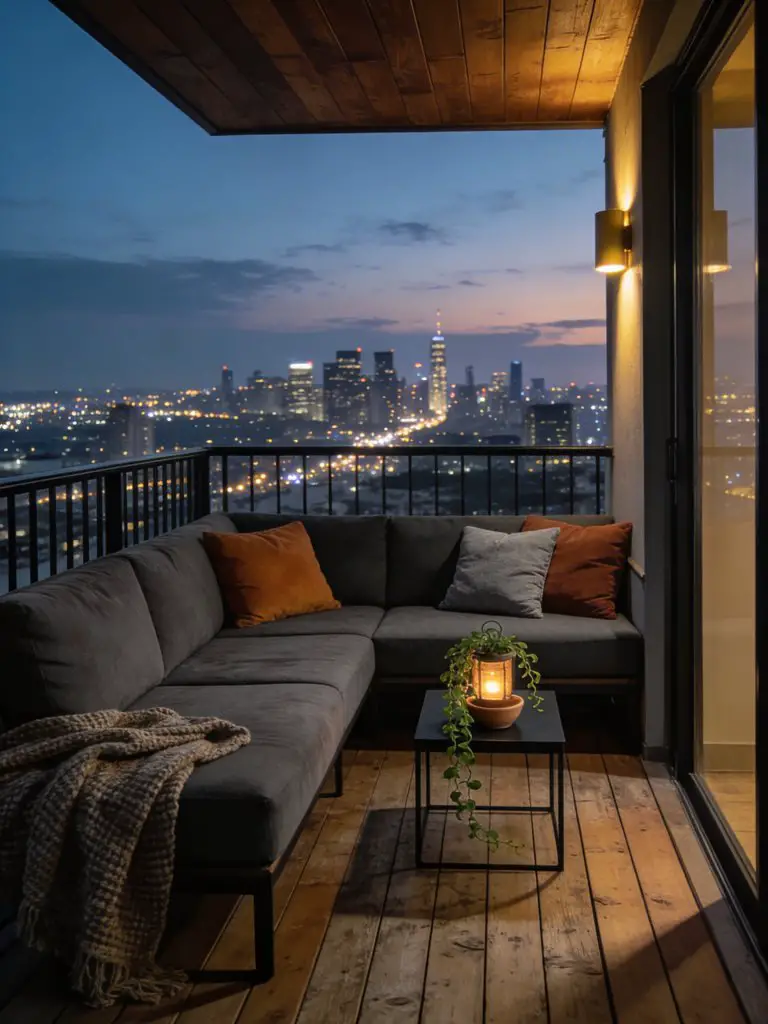 A stylish evening small balcony design for apartments featuring a cozy modern outdoor lounge overlooking a glowing city skyline at dusk.