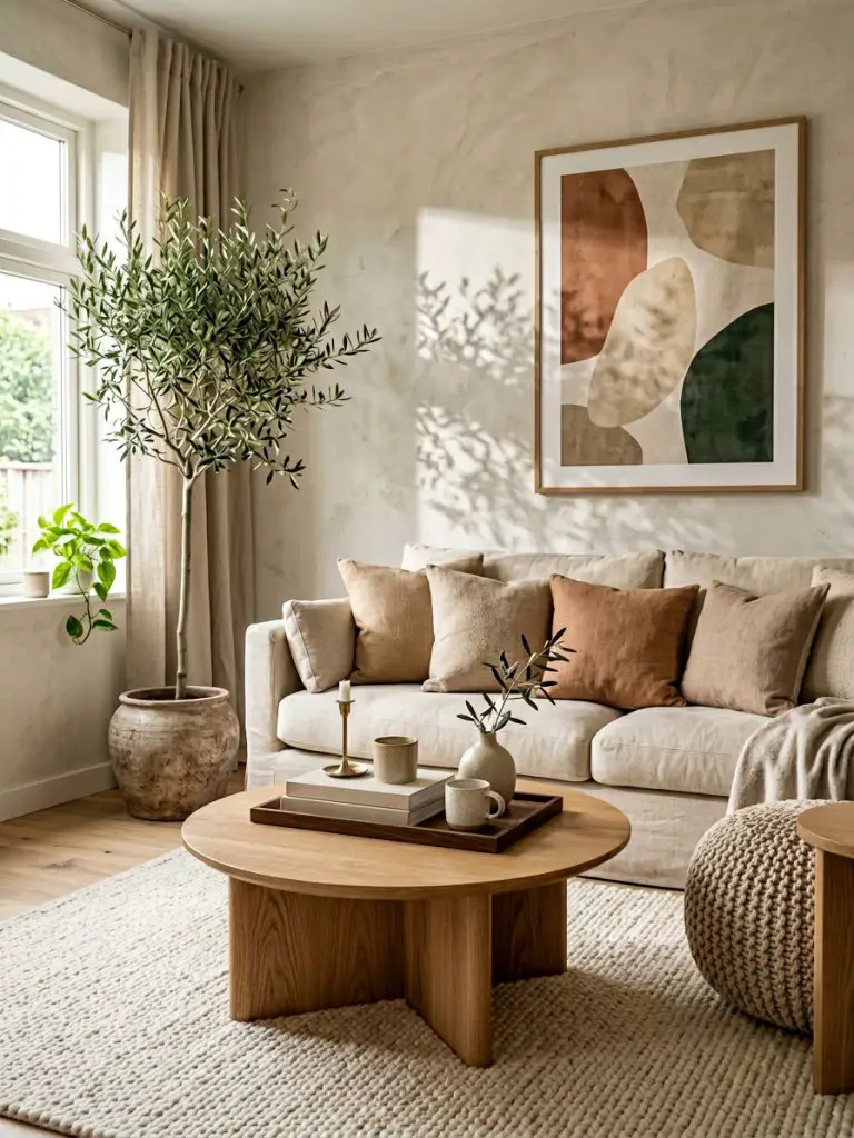 A cozy Japandi living room corner designed with warm minimalist textures and soft natural light.