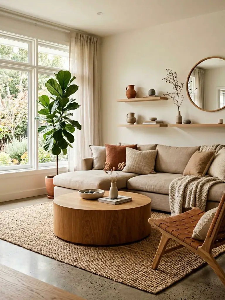 A cozy Japandi minimalist living room built around warm natural textures and a round wood coffee table.