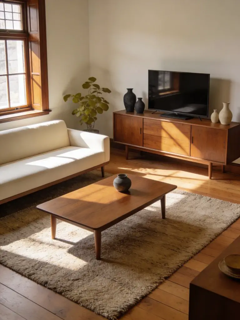 A cozy minimalist living room inspired by mid-century modern design and warm natural materials.