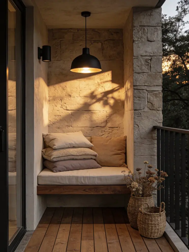 A cozy minimalist small balcony design for apartments featuring a compact built-in bench tucked into a corner niche.