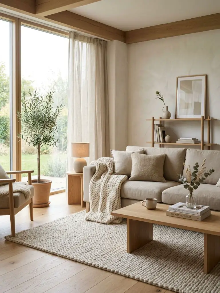 A cozy minimalist living room designed for simple living with a neutral linen sofa, chunky knit throw blanket, textured wool rug, and light.