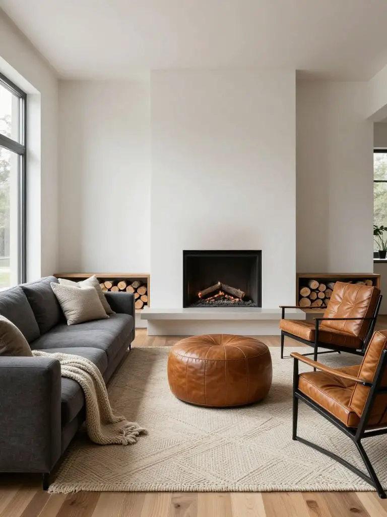 A cozy minimalist living room centered around a modern fireplace with clean architectural lines.