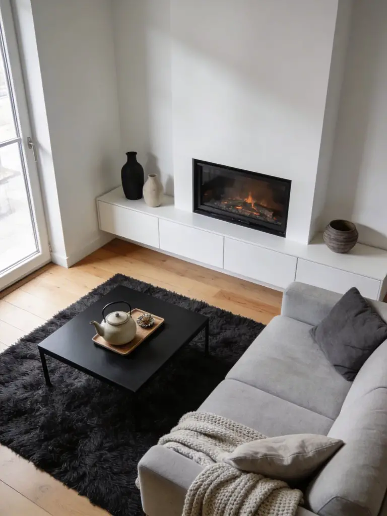 A cozy minimalist living room designed for a compact apartment, styled with Scandinavian and warm minimalist influences.