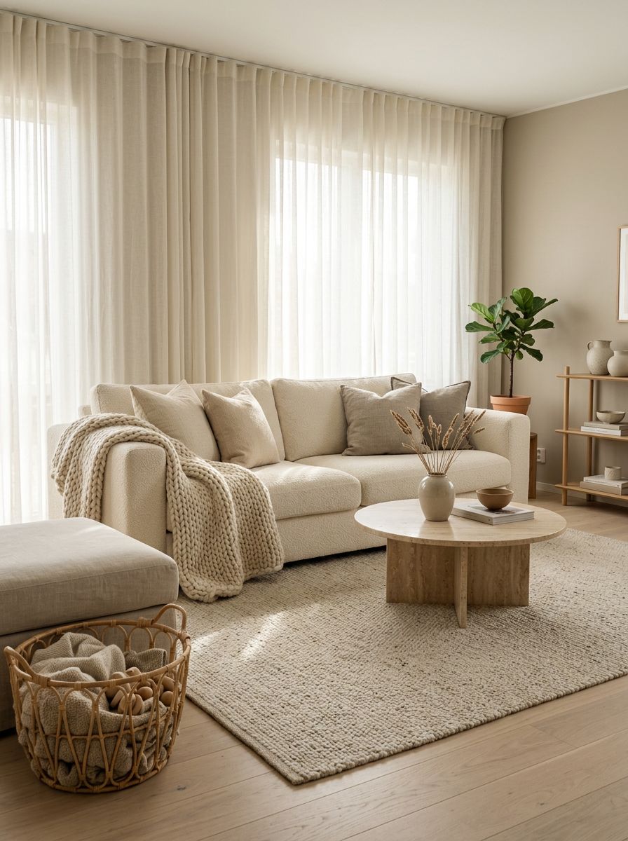 A cozy minimalist living room designed for family relaxation with soft layered textures.
