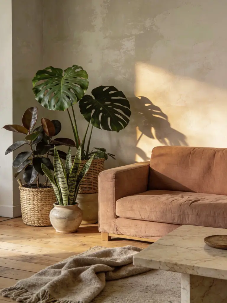 A cozy minimalist living room styled with a cluster of floor plants that add depth and natural warmth.