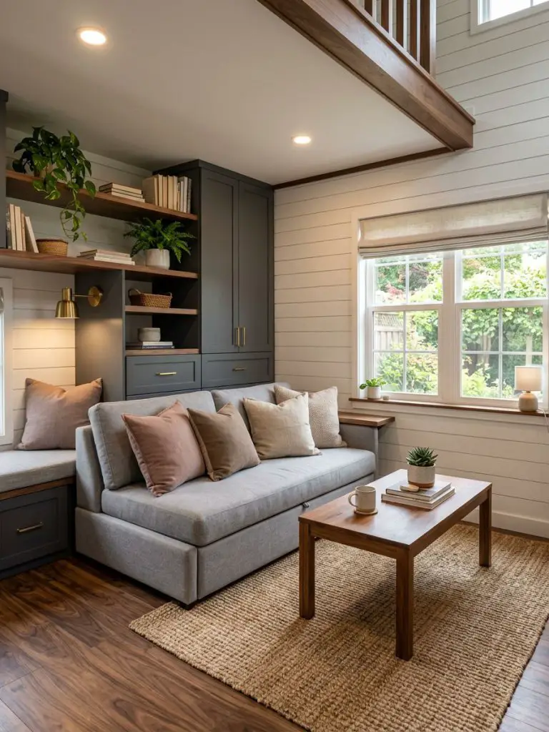 A multifunctional tiny house living room designed in modern rustic minimalist style featuring white shiplap walls, walnut wood flooring, and.