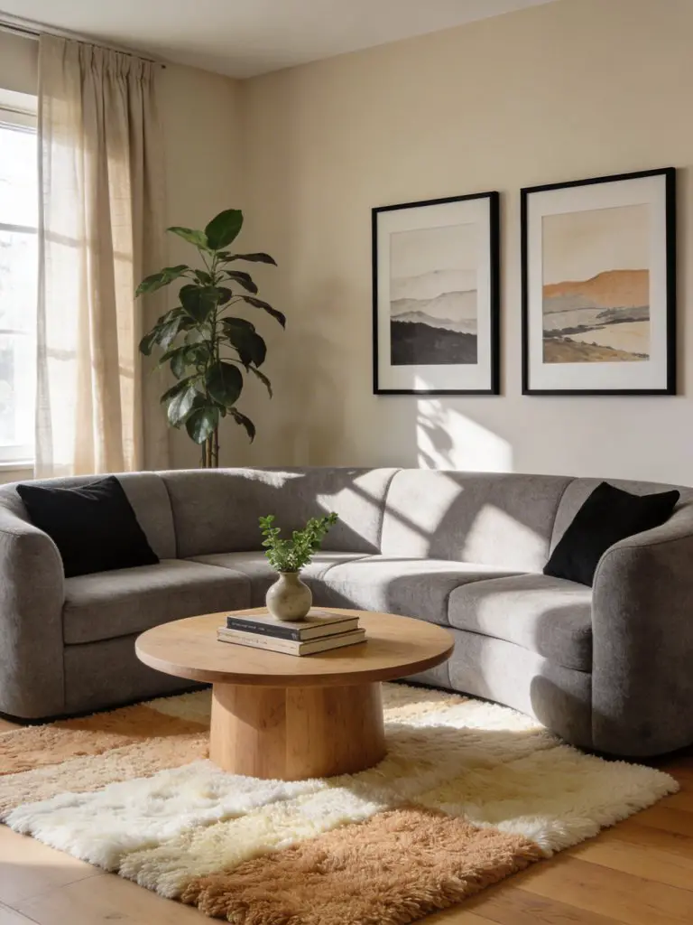 A cozy minimalist living room built around a plush grey sectional sofa in a warm Scandinavian-inspired design style.