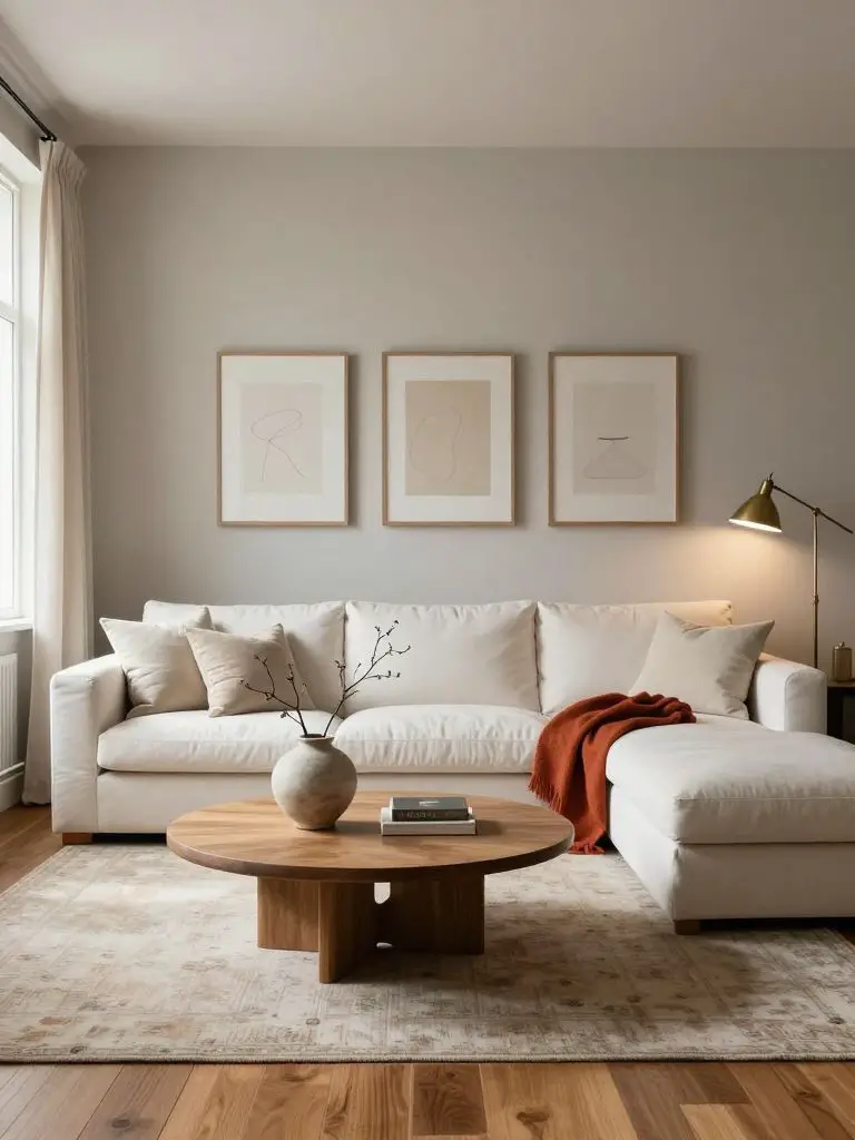 A cozy minimalist living room styled with layered textures and soft neutral colors.