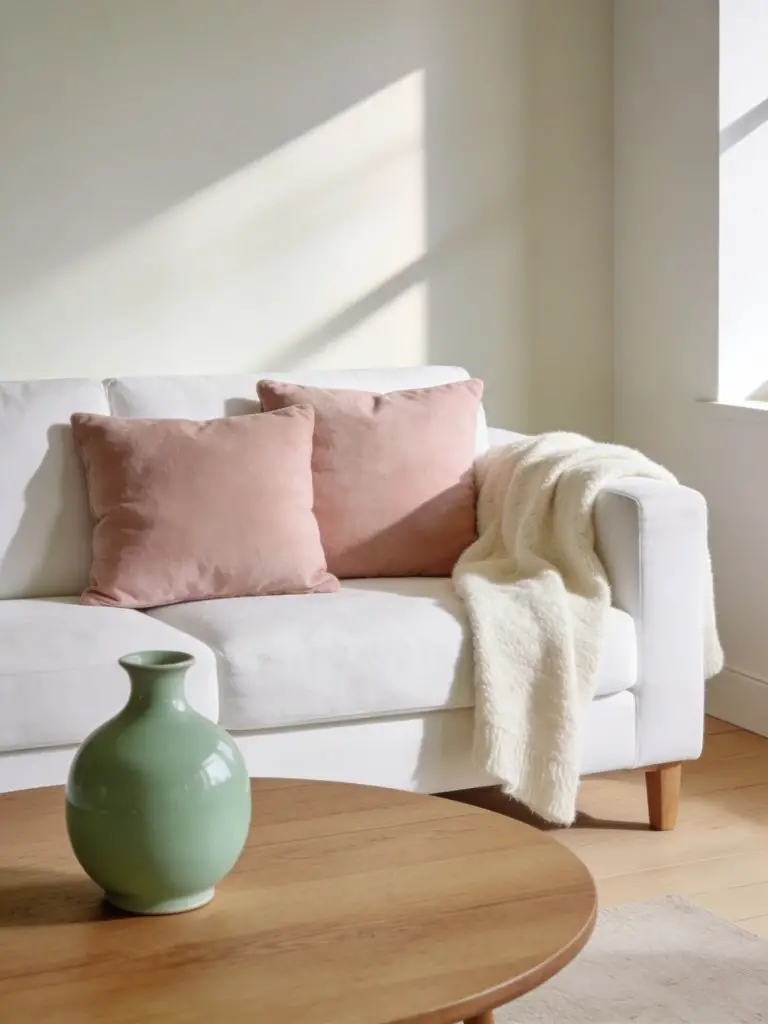 A cozy minimalist living room styled around a soft white upholstered sofa that sits centrally against a pale neutral wall.