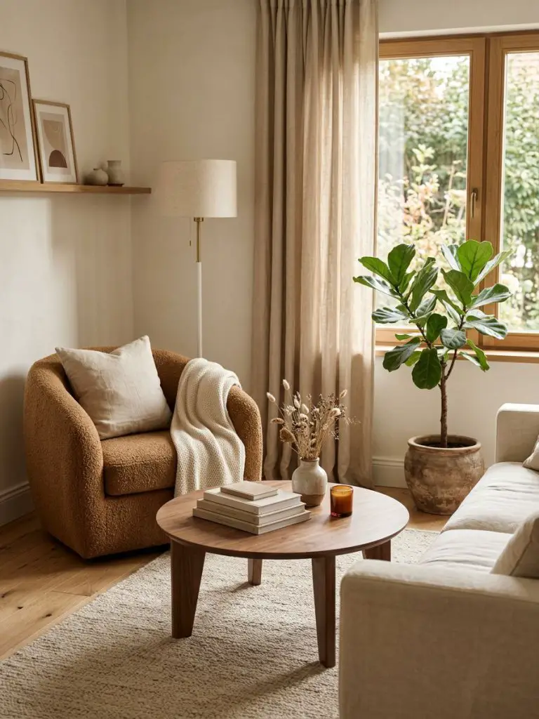 A cozy warm minimalist living room nook blending Scandinavian softness with modern rustic charm.