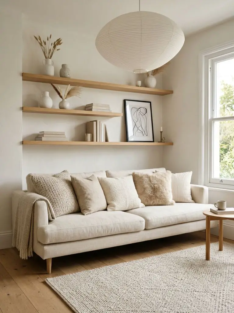 A warm minimalist living room sofa styled with soft neutral layering and cozy textures.