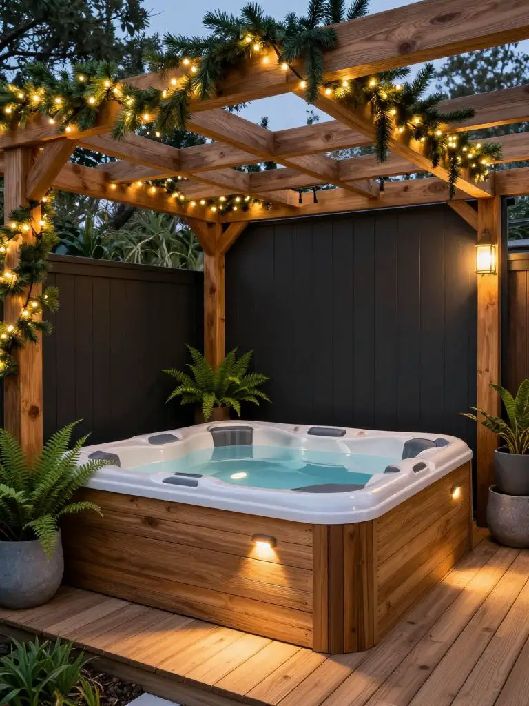 Design a cozy pergola-covered hot tub retreat styled in modern rustic elegance.