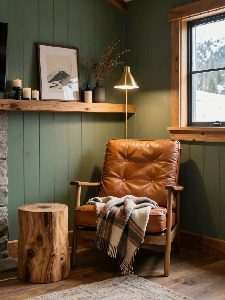 A warm rustic reading nook designed for quiet relaxation in a mountain home.