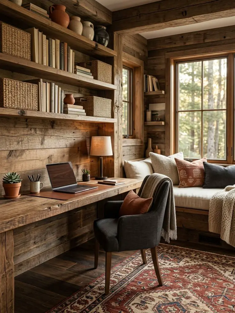 A cozy rustic office cabin interior designed in a Modern Rustic lodge style with rich reclaimed wood textures and layered soft furnishings.