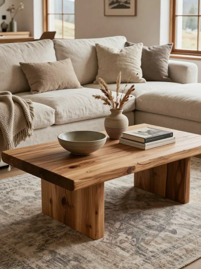 A cozy rustic mountain living room styled around two chunky handcrafted wooden coffee tables placed in front of a large neutral linen sofa.