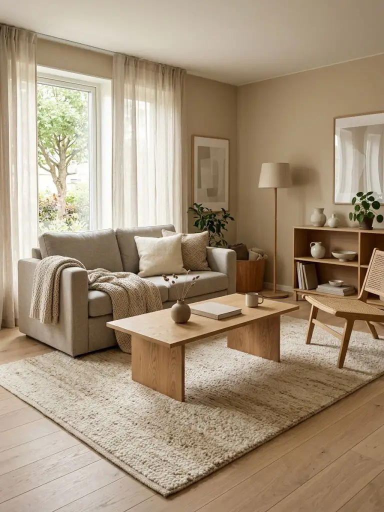 A warm Scandinavian minimalist living room highlighting light oak furniture as the focal design element.