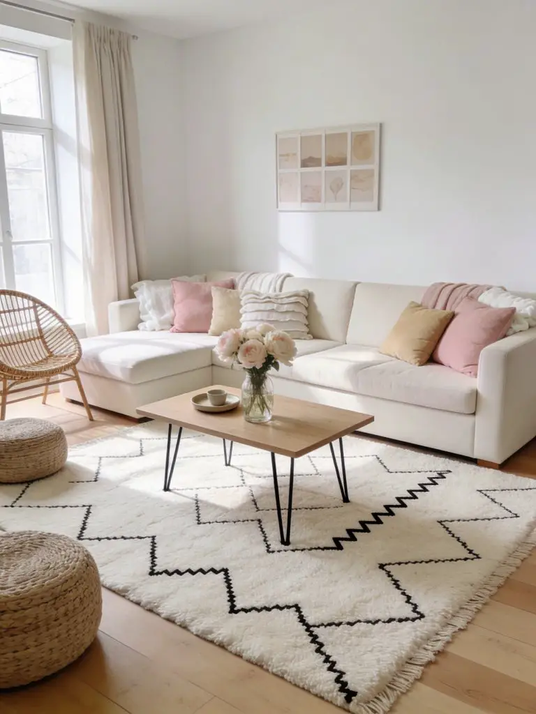 A bright Scandinavian-inspired minimalist living room centered around a soft ivory wool rug featuring delicate black geometric stitching.