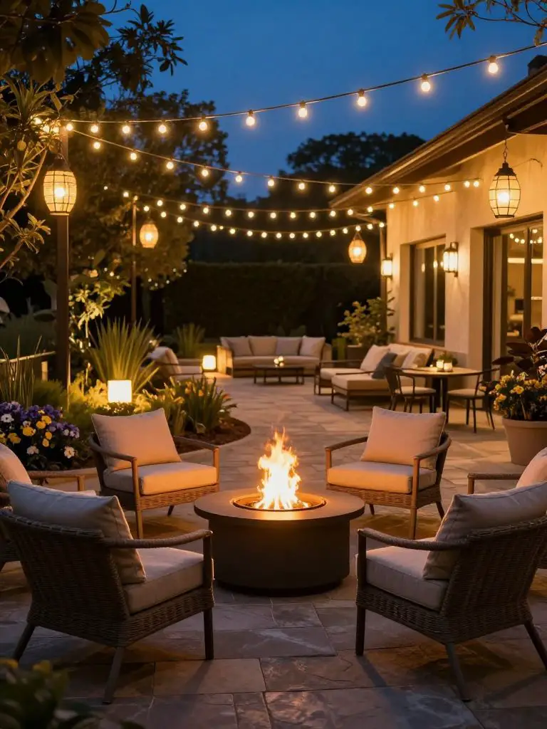 Create a cozy evening patio illuminated by warm string lights and hanging lanterns above a centered fire pit seating area.