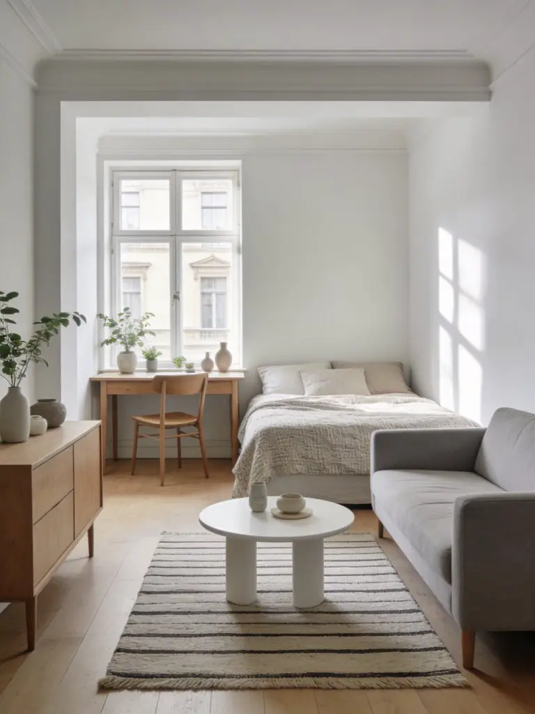A cozy studio minimalist apartment living room blended with a small bedroom area in soft Scandinavian style.