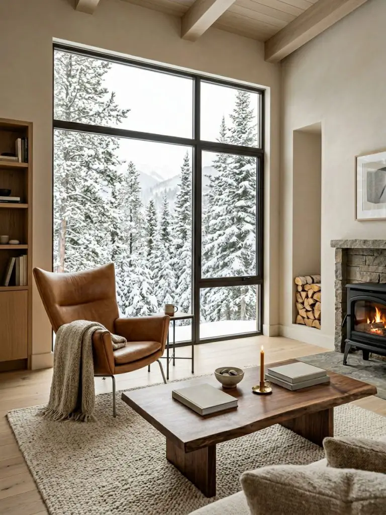 A serene contemporary mountain home reading lounge designed in warm minimalist and Scandinavian-influenced rustic style.