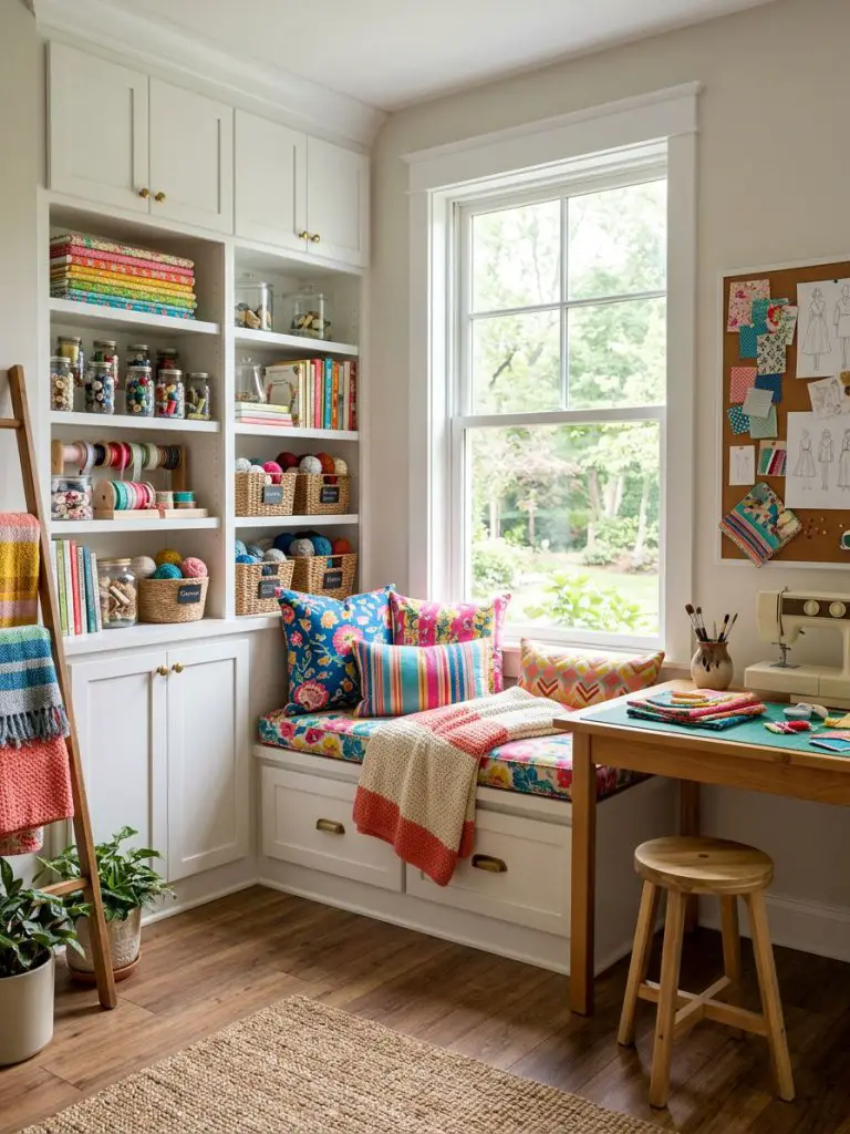 A cozy bonus room craft corner featuring built-in window seating, white cabinetry, and colorful textiles.
