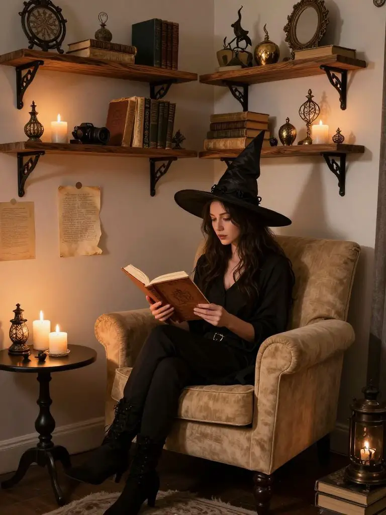 A cozy witch reading nook bedroom corner blending dark academia and witchcore influences.