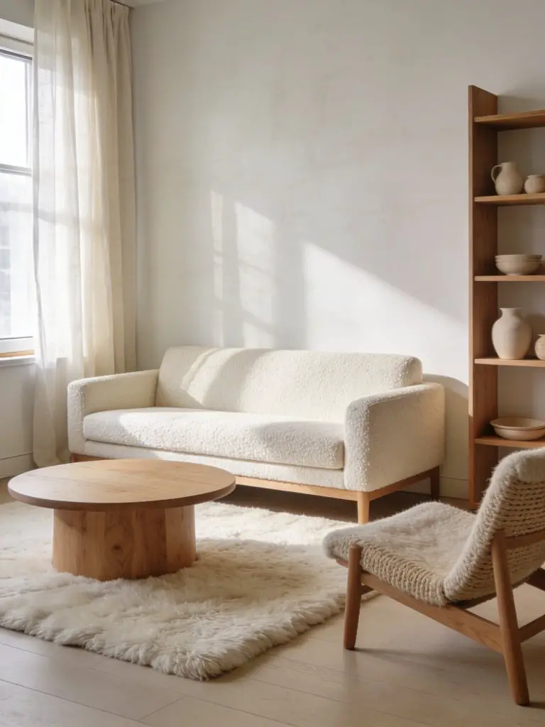 Scandinavian minimalist living room featuring a calming cream and natural oak color scheme.