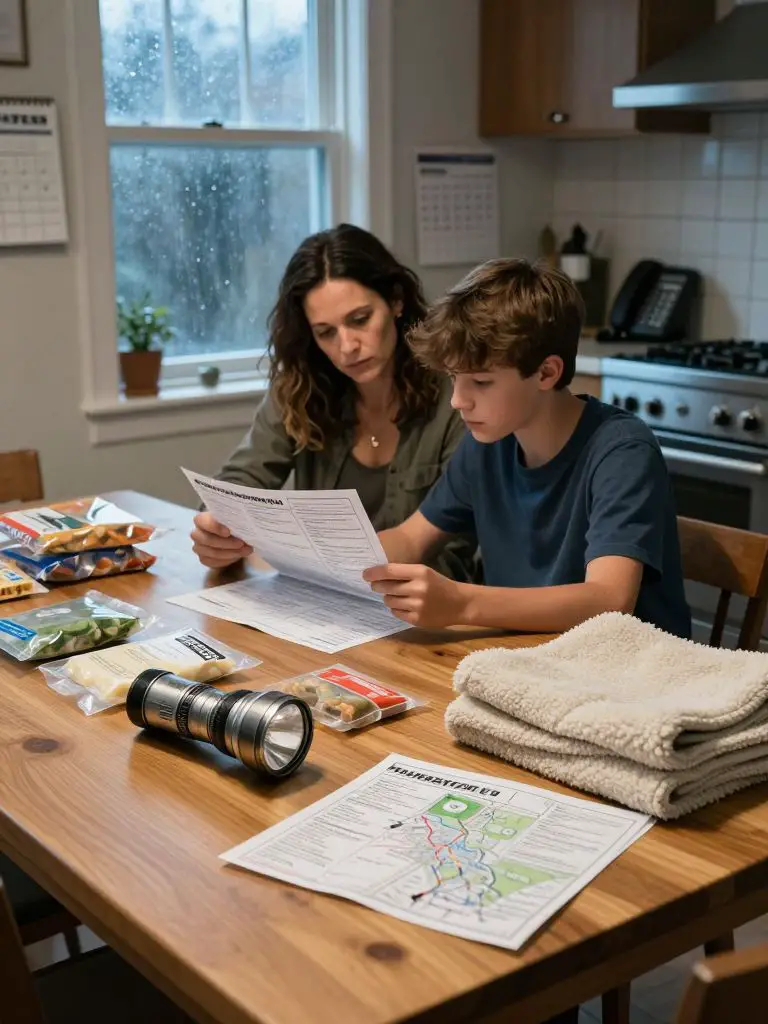 A sturdy oak dining table occupies the foreground, covered with meticulously arranged emergency supplies: a heavy-duty metal flashlight with.