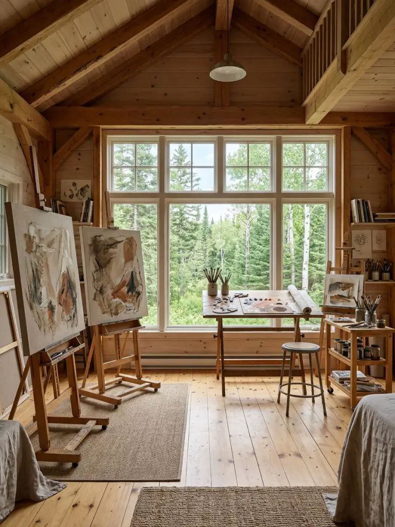 A bright creative studio inside a wooden office cabin designed for artistic work, featuring tall vaulted ceilings and large symmetrical wind.