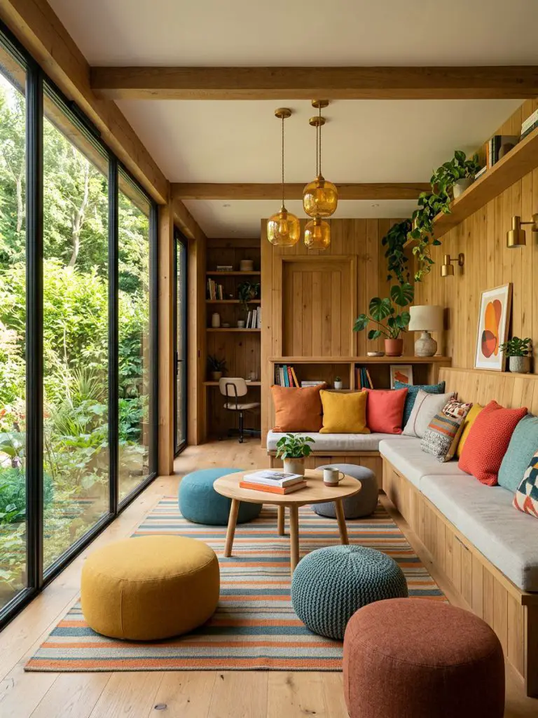 A vibrant collaborative office cabin interior designed with playful colors and relaxed seating to encourage creativity and brainstorming.