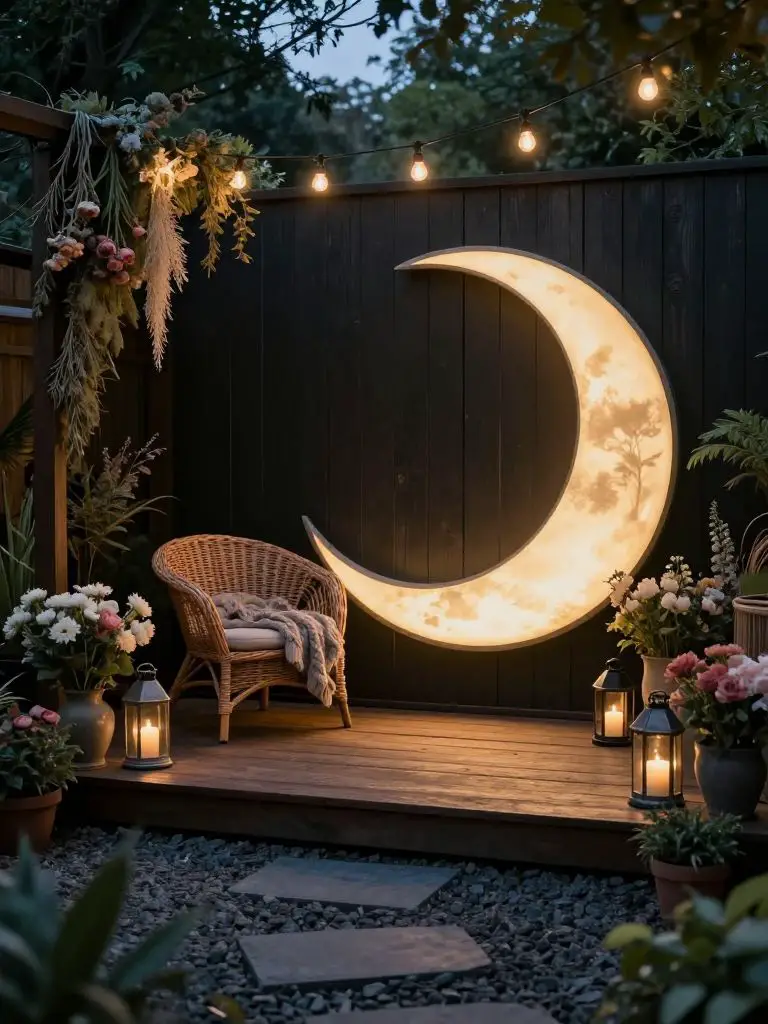 Create a crescent moon deck retreat in a witchy backyard with romantic woodland design.