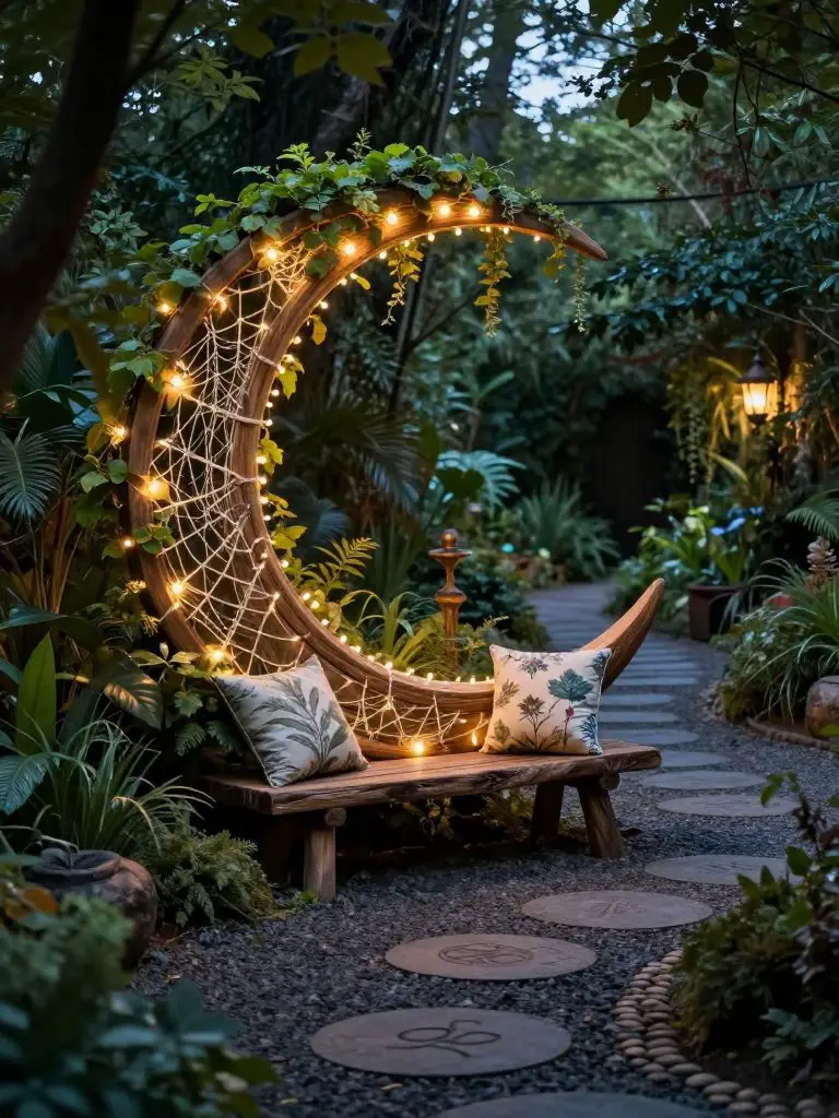 Design a crescent moon garden archway focal point in a witchy backyard forest path scene.