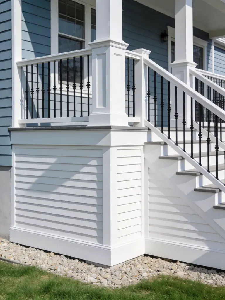A classic suburban deck featuring white horizontal skirting in a fresh transitional style.