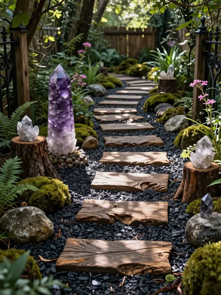 Design a witchy backyard entrance featuring a mystical crystal garden pathway in an enchanted woodland style with subtle gothic influences.