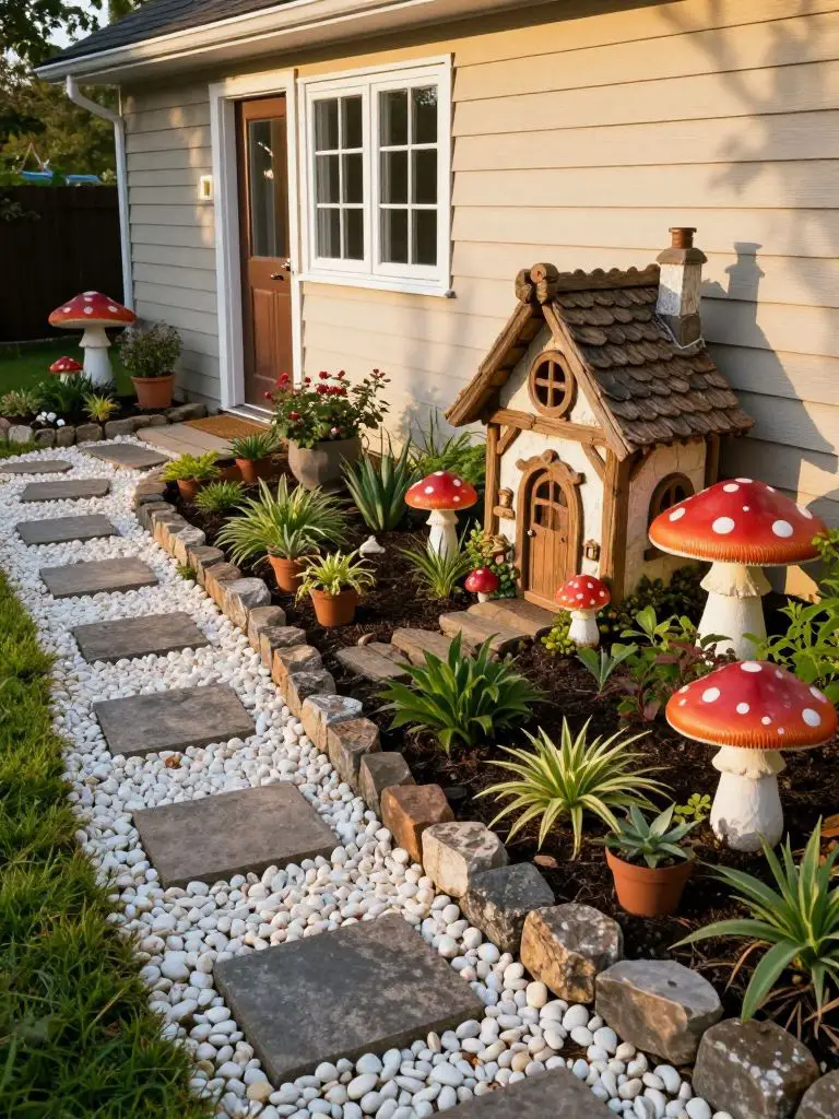 Design a large fairy garden running along a curved border against a house exterior.